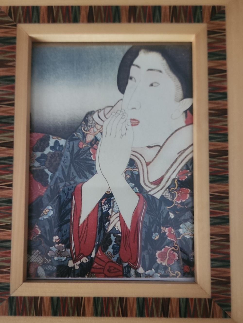 Small Framed Blue and Red Japanese Woodblock Edo Art Print - 6.75x5.5